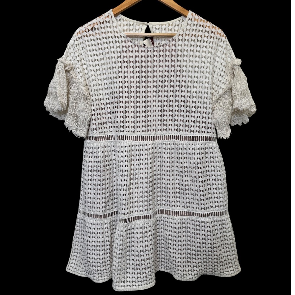 Nha Khanh Adeline Babydoll Mini Dress 12 Ivory Eyelet Lace Ruffle Cottagecore